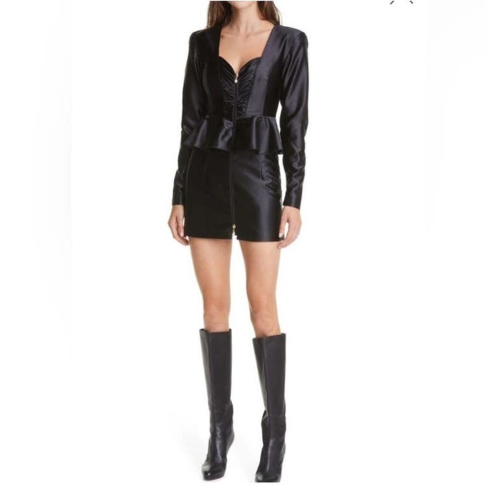NWT Rotate Birger Christensen Annie Frill Trim Satin Black Mini Dress
